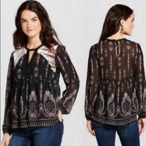 Knox Rose Semi-Sheer Top (XL) beautiful pattern, crushed velvet breastbone area